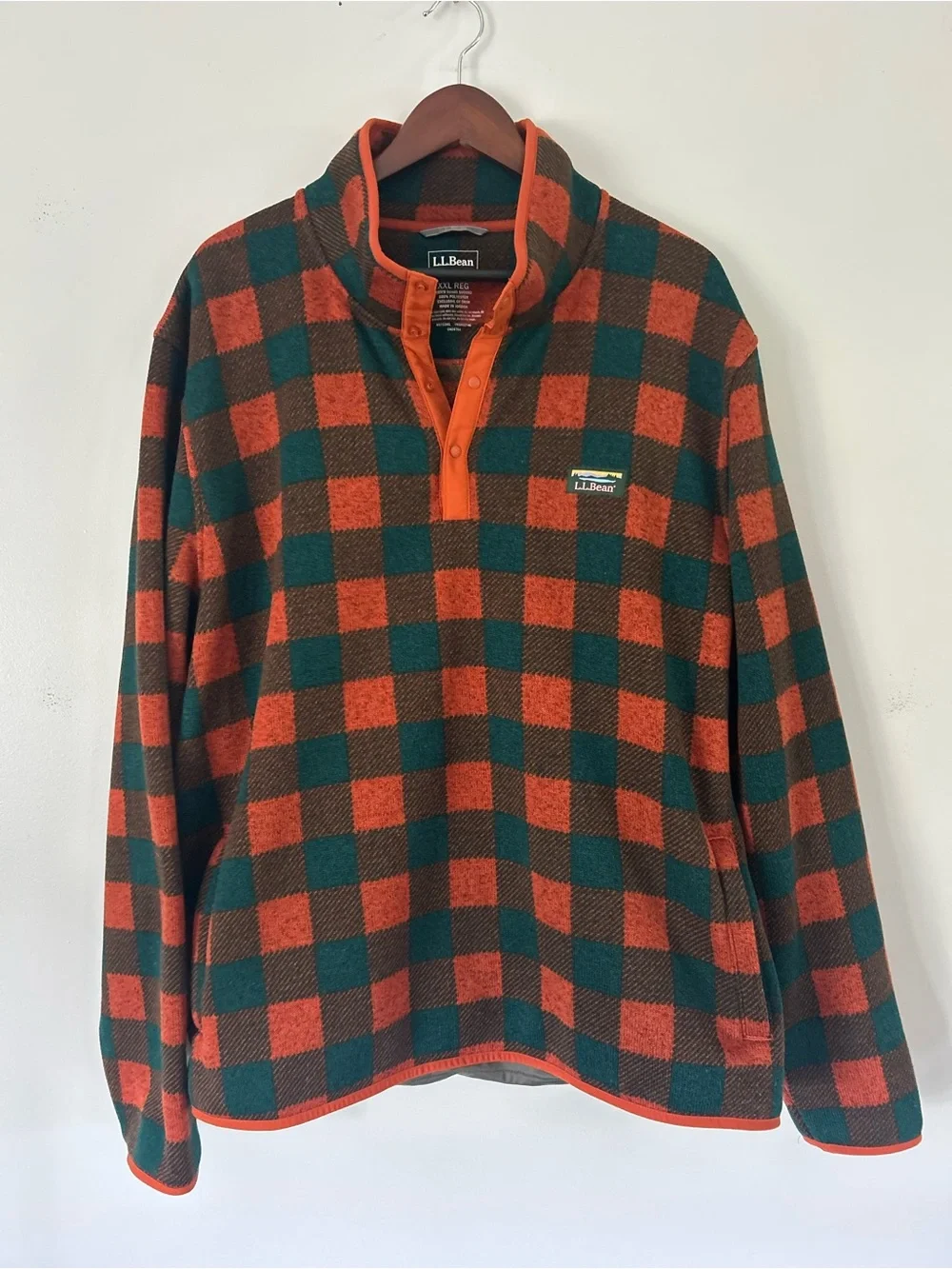 L.L.Bean Buffalo Plaid Fleece Pullover Snap Mock Neck Orange Green Sweater XXL